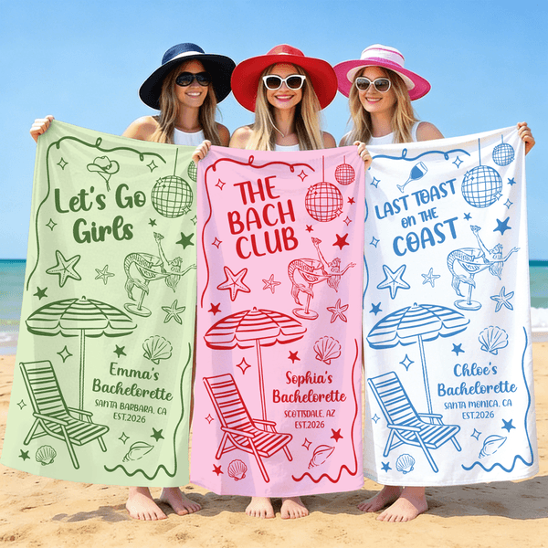 Personalised Girl's Bachelorette Party Quick Dry Soft Oversized Beach Towel with Name Summer Holiday Beach Party Birthday Gift for Girls Bridesmaids