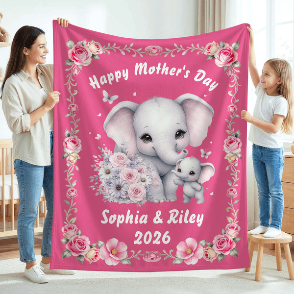 Personalized Cartoon Elephant Watercolour Floral Border Soft Throw Blanket with Name and Curved Text Home Decor Mother's Day Gift for Mom Grandma