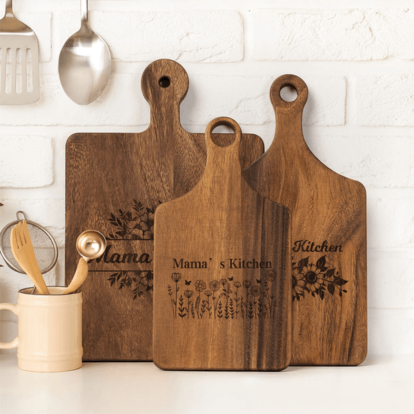 Personalized Engraved Floral Wooden Double-Sided Cutting Board with Name and Grip Made in USA Housewarming Birthday Gift for Mom Family