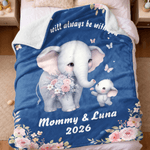 Personnalisé Cartoon Elephant Watercolor Floral Border Soft Throw Blanket with Name and Curved Text Home Decor Mother's Day Gift for Mom Grandma
