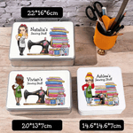 Personalised Patch Sewing Machine Cartoon Sewing Girl Sewing Kit Set Storage Box with Name Birthday Mother's Day Gift for Mom Grandma Sewing Lover