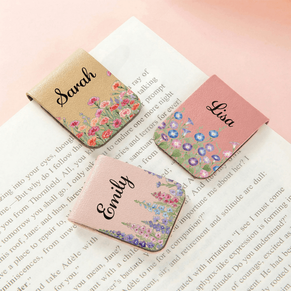 Acuarela Personalizada Nacimiento Flor Nombre Magnético Marcapáginas de cuero de la PU Uso diario Club de lectura Regalo de cumpleaños para el ratón de biblioteca amante de los libros