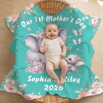 Personnalisé Cartoon Elephant Watercolor Floral Border Soft Throw Blanket with Name and Curved Text Home Decor Mother's Day Gift for Mom Grandma
