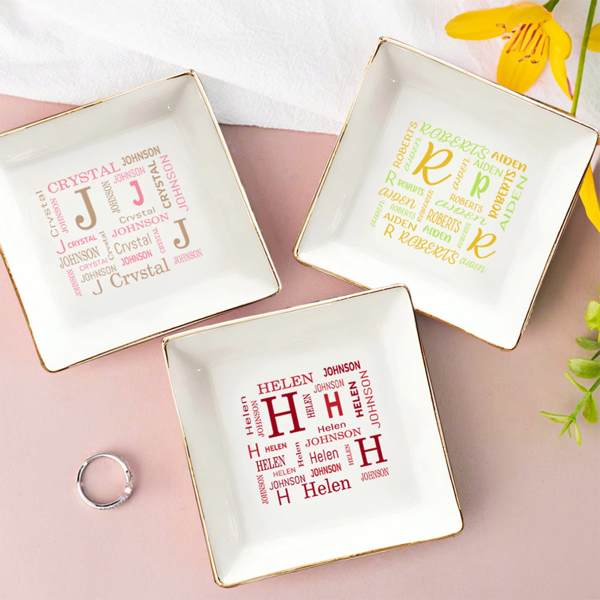 Personalisierte Wort Wolke Keramik Trinket Schmuck Schale mit Namen und Initialen Home Decor Hochzeit Geburtstag Geschenk für Frauen Brautjungfern