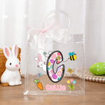 Personalisierte niedliche Hase Ostern-Thema erste transparente Geschenktasche mit Namen und rosa Schleife Band täglichen Gebrauch Ostern Party Geschenk für Kinder Familie
