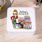 Personalised Patch Sewing Machine Cartoon Sewing Girl Sewing Kit Set Storage Box with Name Birthday Mother's Day Gift for Mom Grandma Sewing Lover