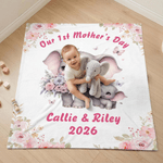 Personnalisé Cartoon Elephant Watercolor Floral Border Soft Throw Blanket with Name and Curved Text Home Decor Mother's Day Gift for Mom Grandma