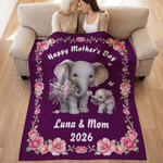 Personnalisé Cartoon Elephant Watercolor Floral Border Soft Throw Blanket with Name and Curved Text Home Decor Mother's Day Gift for Mom Grandma