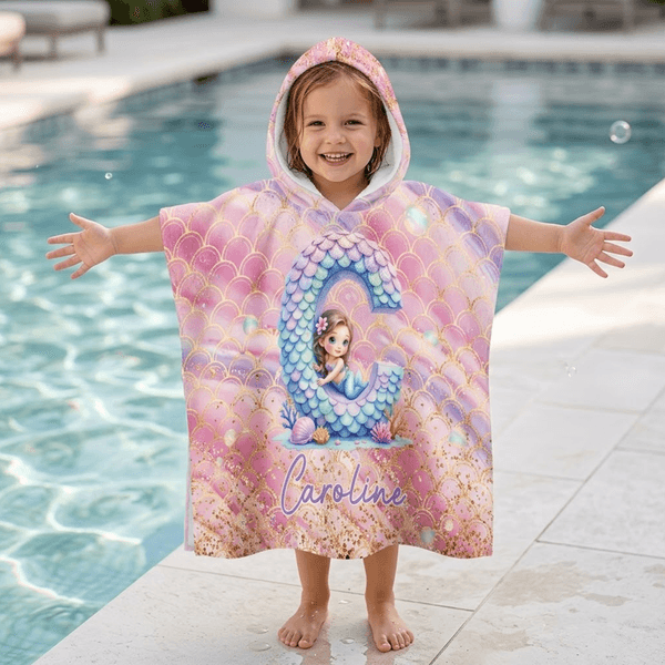 Personalized Cartoon Mermaid Initial Quick Dry Kid Hooded Beach Towel with Name Travel Essentials Summer Party Birthday Gift for Girls