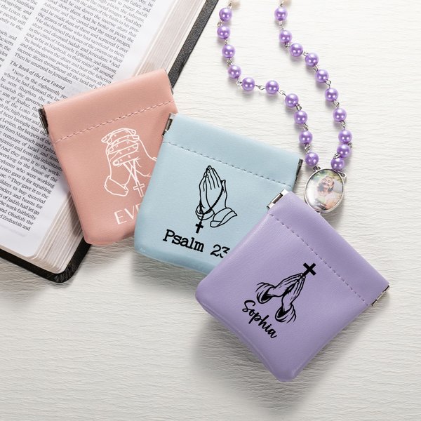 Personalized Sacred Prayer Gesture PU Leather Rosary Bag with Name Scripture Christian Church Gift for Believers Friends