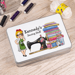 Personalised Patch Sewing Machine Cartoon Sewing Girl Sewing Kit Set Storage Box with Name Birthday Mother's Day Gift for Mom Grandma Sewing Lover
