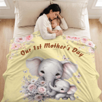 Personnalisé Cartoon Elephant Watercolor Floral Border Soft Throw Blanket with Name and Curved Text Home Decor Mother's Day Gift for Mom Grandma