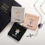 Personalized Cross Birth Flower PU Leather Rosary Pouch Storage Bag with Name Daily Use Prayer Religious Gift for Christians