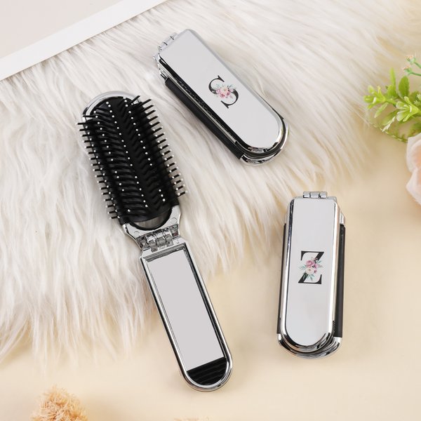 Personalized Stylish Floral Portable 2-In-1 Foldable Makeup Mirror Hair Brush with Initial Daily Use Mother's Day Birthday Gift for Mom Women Girls