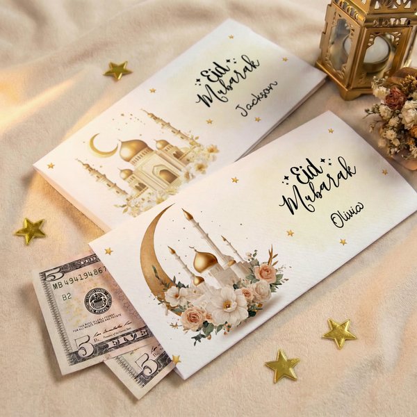 Personalizado Eid Mubarak Dibujos animados Ramadán Niño Estrella Brillo Dorado Monedero Cartera con Nombre y Sobre Ramadán Eid Regalo para Niños Niñas