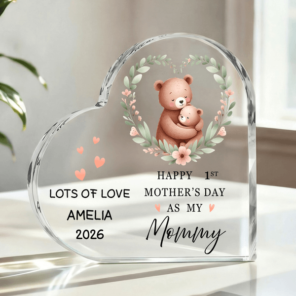 Gepersonaliseerde Gelukkige 1e Moederdag Dierenpatroon Hartvorm Acrylplaat met Naam en Jaar Kamerdecoratie Moederdagcadeau voor moeder