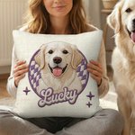 Personalised Cute Pet Photo Checkboard Imitation Embroidery Effect Cushion Cover with Name Home Decor Birthday Gift for Cat Dog Pet Lovers