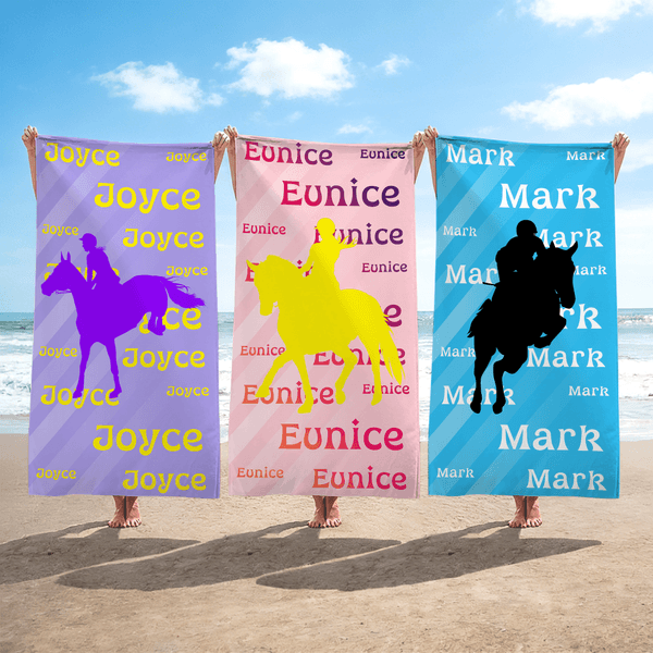 Serviette de plage personnalisée avec silhouette et nom - Style de silhouette cavalier et cheval - Cadeau d'anniversaire pour passionné d'équitation