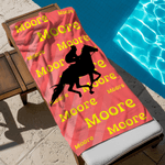 Personalisiertes Strandtuch mit Reiter-Silhouette und Namen | aus schnelltrocknender Mikrofaser | Strandparty-Geburtstagsgeschenk für Pferdeliebhaber