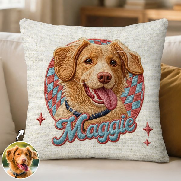 Personalised Cute Pet Photo Checkboard Imitation Embroidery Effect Cushion Cover with Name Home Decor Birthday Gift for Cat Dog Pet Lovers