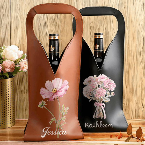 Personalized Birth Flower Bouquet Wreath PU Leather Protective Wine Bag with Initial and Name Mother's Day Birthday Anniversary Gift for Wine Lovers