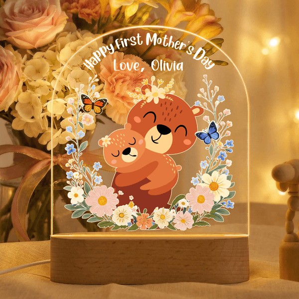 Personalised Cartoon Animal Floral Acrylic Night Light with Name and Wooden Base Room Decor Birthday Mother's Day Gift for Mom Baby