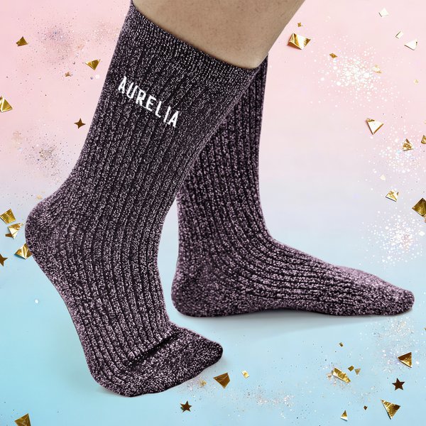 Calzini personalizzati ricamati con nome, glitterati, multicolore, per metà polpaccio, morbidi, da indossare tutti i giorni, regalo di compleanno per donna.