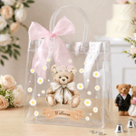 Personalised Pink Bow Ribbon Flower Girl Proposal Teddy Bear Clear Gift Bag with Name Wedding Birthday Gift for Family Kids