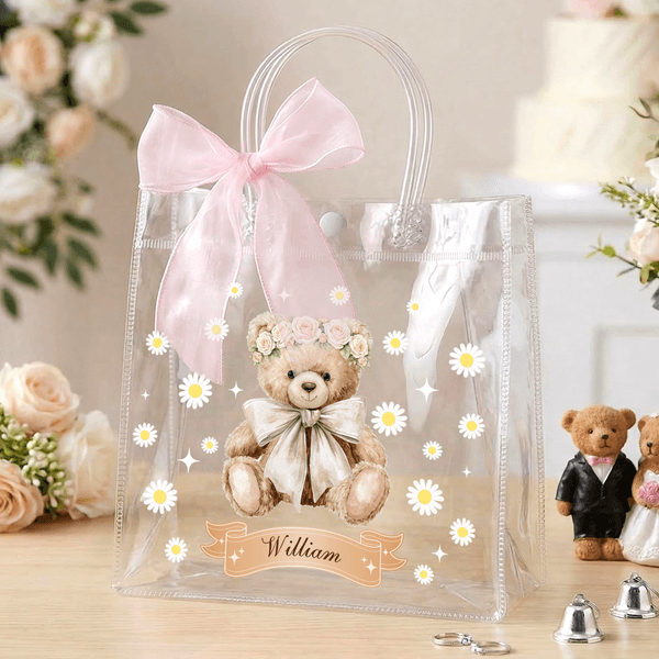 Personalised Pink Bow Ribbon Flower Girl Proposal Teddy Bear Clear Gift Bag with Name Wedding Birthday Gift for Family Kids