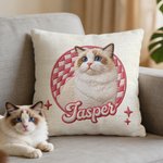 Personalised Cute Pet Photo Checkboard Imitation Embroidery Effect Cushion Cover with Name Home Decor Birthday Gift for Cat Dog Pet Lovers