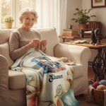 Personalized Sewing Machine Floral Initial Soft Throw Blanket with Name Mother's Day Birthday Gift for Mom Grandma Knitting Crochet Lover