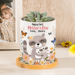 Maceta de cerámica con nombre y bandeja de bambú Personalizada Mamá-Niño de dibujos animados Decoración del hogar Feliz Día de la Madre Regalo para mamá
