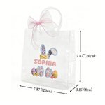 Personalised Pink Bow Ribbon Imitation Crochet Yarn Effect Easter Eggs Rabbit Clear Gift Bag with Name Easter Party Favors Gift for Kids