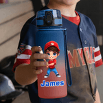Botella de agua deportiva con tapa abatible y correa personalizada con el nombre del personaje de béisbol de dibujos animados Regalo de cumpleaños para los amantes del béisbol y el gimnasio