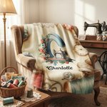 Personalized Sewing Machine Floral Initial Soft Throw Blanket with Name Mother's Day Birthday Gift for Mom Grandma Knitting Crochet Lover