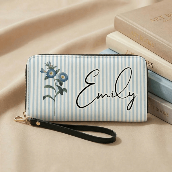 Personalised Birth Flower Striped PU Leather Wallet with Name Daily Use Birthday Gift for Mom Wife Grandmother