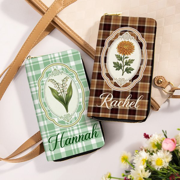 Personalized Exquisite Vintage Plaid Birth Flower Multi-Compartment PU Leather Wallet with Name  Mother's Day Birthday Gift for Mom Grandmother
