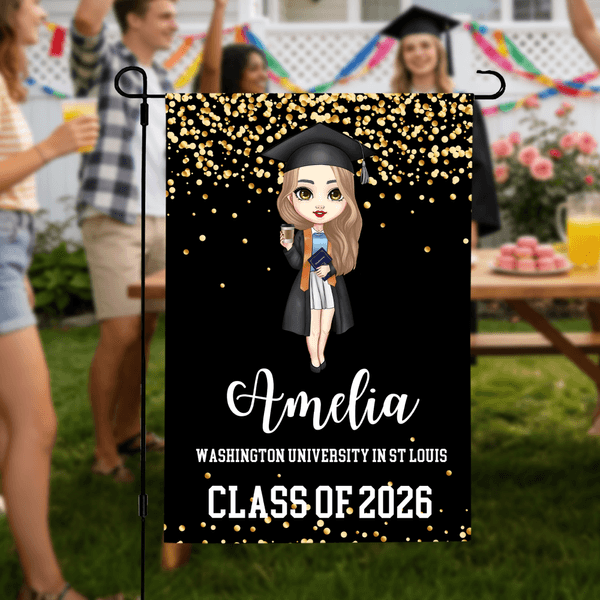 Personalized Cartoon Graduate Garden Flag with Text and Year Outdoor Yard Decor Graduation Gift for Graduates