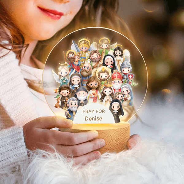 Personalised Watercolor Cartoon Holy Saints of Heaven LED Night Light with Name and Wooden Base Room Decor Birthday Gift for Newborns Catholics