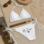 Personalized White Glitter Rhinestone Triangle Cup Bikini Swimsuit with Name Beach Vacation Honeymoons Gift for Bride