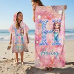 Personalisiertes Cartoon-Meerjungfrau-Strandtuch mit Namen und Initiale | Turnbeutel optional | Strand-Geburtstagsgeschenk für Mädchen