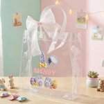 Personalised Pink Bow Ribbon Imitation Crochet Yarn Effect Easter Eggs Rabbit Clear Gift Bag with Name Easter Party Favors Gift for Kids