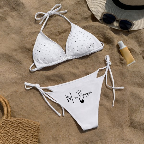 Personalized White Glitter Rhinestone Triangle Cup Bikini Swimsuit with Name Beach Vacation Honeymoons Gift for Bride