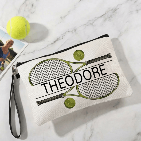Borsa per il trucco personalizzata a tema tennis con nome e cinturino da polso Regalo di compleanno essenziale per gli amanti del tennis