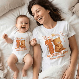 Personalized 1st Mother's Day Animal Bear 100% Cotton T-shirt Baby Bodysuit Matching Outfit with Names and Year Mother's Day Gift for Baby Mom