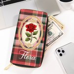 Personalised Exquisite Vintage Plaid Birth Flower Multi-Compartment PU Leather Wallet with Name  Mother's Day Birthday Gift for Mom Grandmother
