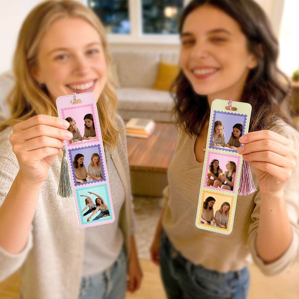 Personalisierte Multicolor Briefmarke Design 3 Fotos Acryl Lesezeichen mit Quaste Lesen Zubehör Geburtstag Geschenk für Freunde Familie