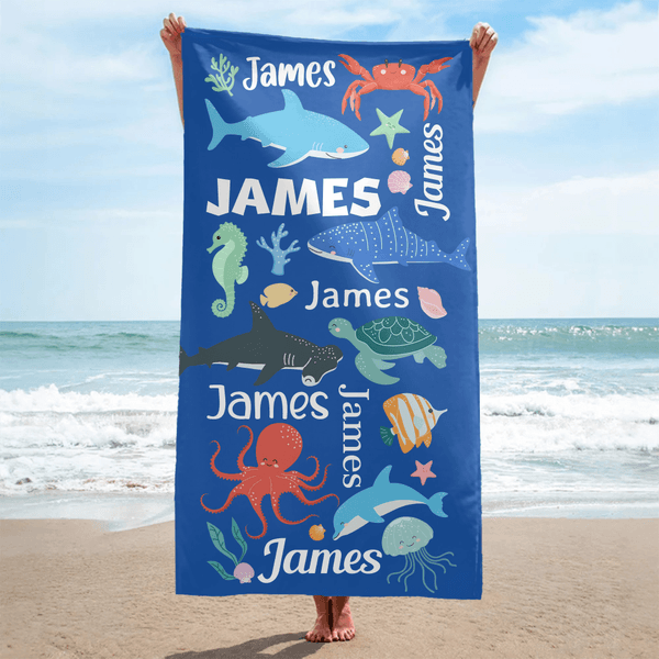Personalisierte niedlichen Ozean Kreatur schnell trocken überdimensioniert Mikrofaser Strandtuch mit Namen Travel Essentials Beach Party Geburtstag Geschenk für Freunde Kinder