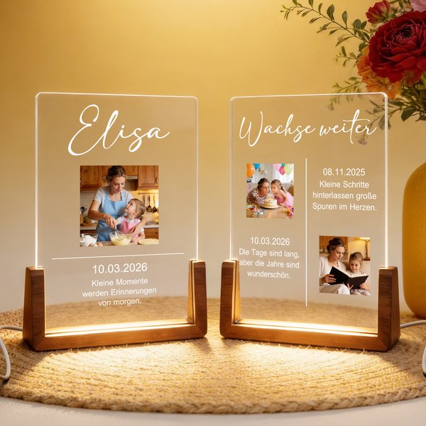 Personalisiertes Fest-Thema Acryl LED-Nachtlicht mit Foto Text und Holzsockel Erinnerung Weihnachten Geburtstag Geschenk für Freunde Familie