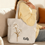 Gepersonaliseerde Grote Ribfluwelen Tas met Geboortebloem en Naam Voor Dagelijks Gebruik en als Verjaardagscadeau voor Vrouwen of Beste Vriendin
